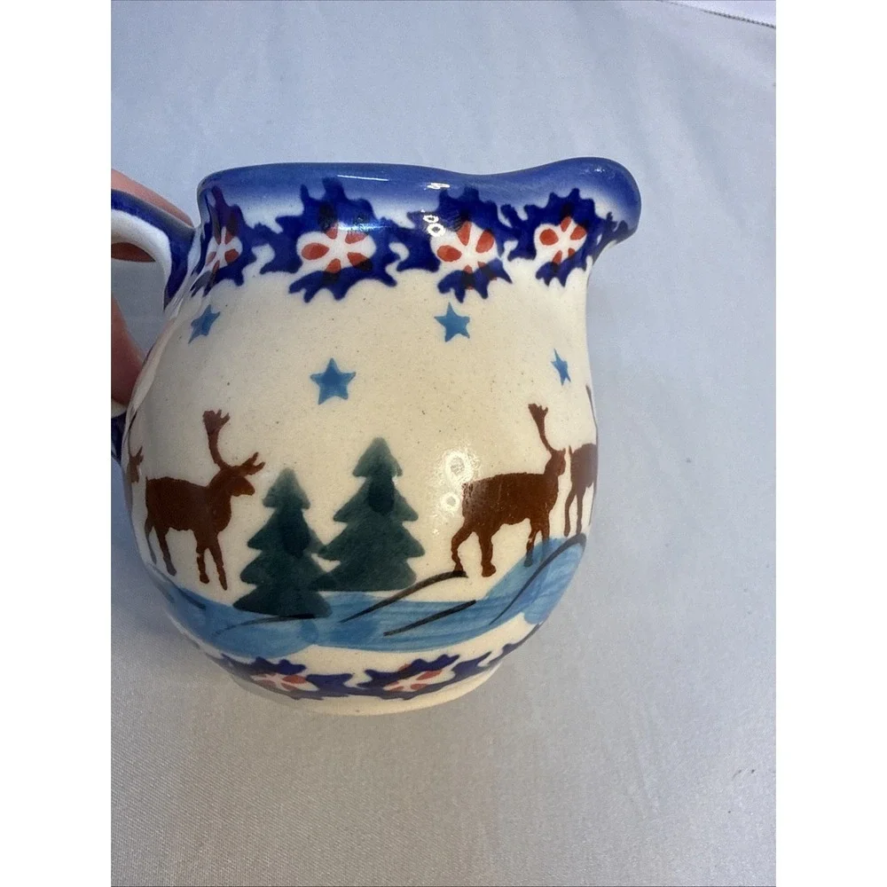 ANDAF Polish Pottery UNIKAT Creamer Pitcher Reindeer Winter Forest Christmas